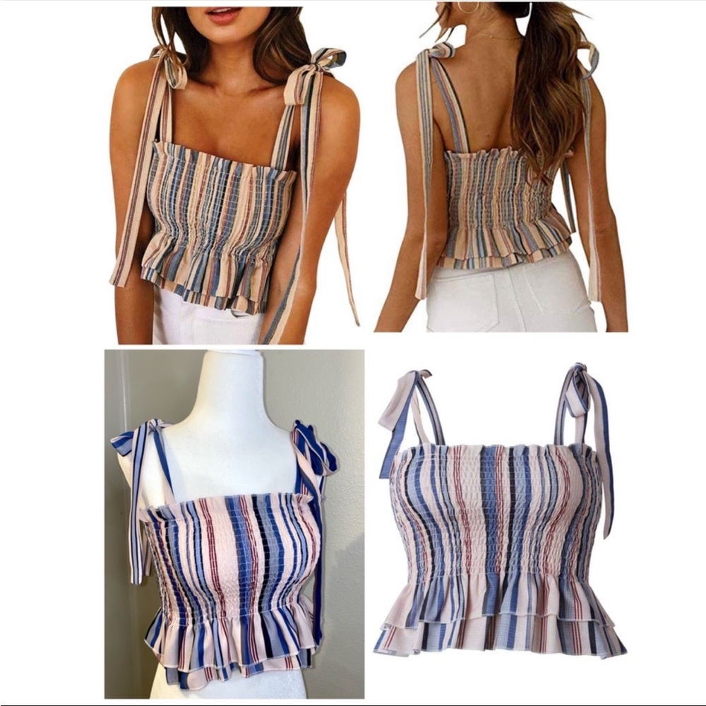 Kyerivs | NWOT Striped Smocked Peplum Crop Top Tie Shoulder Small
